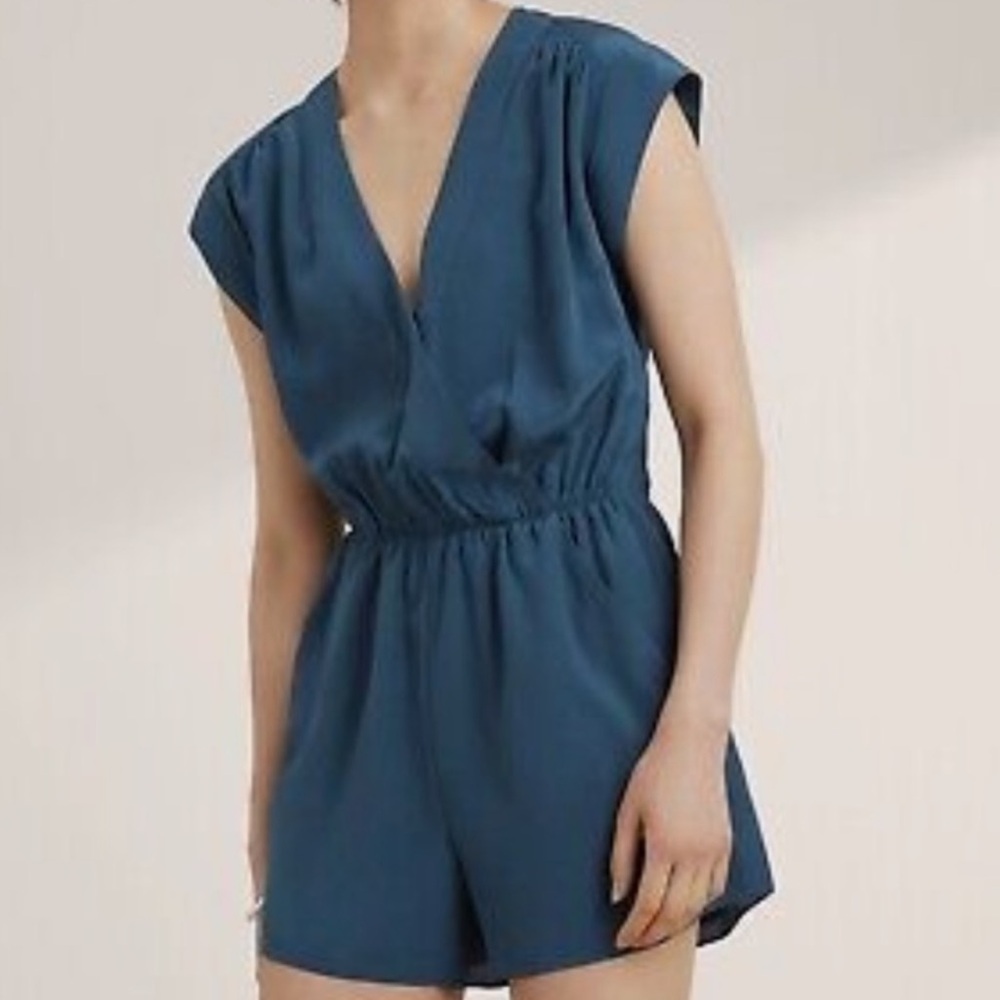 Babaton Corbett 100% Silk Romper in Moody Blue